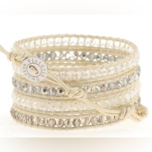 Victoria Emerson Faceted White Stone Leather Cord Wrap Bracelet Necklace 36"